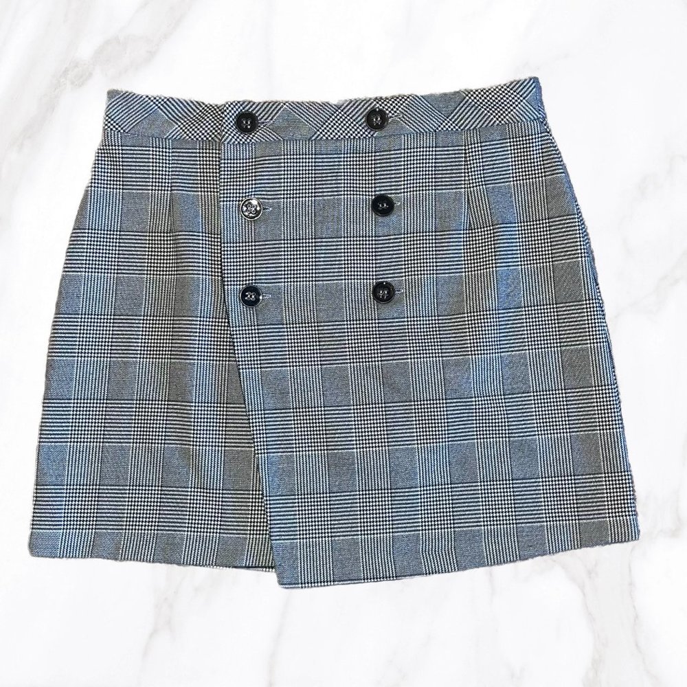 Zara Basic Collection Women's Black Plaid‎ Buttoned Wrap Skirt, Size L
